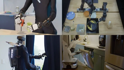 A collage showing Skild AI robots performing various tasks learned from video, including cooking and home assistance.