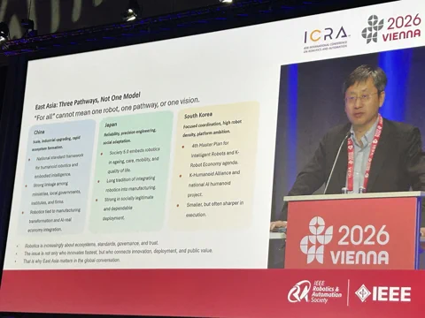 Professor Hesheng Wang presents a slide at ICRA 2026 detailing the different robotics strategies of China, Japan, and South Korea.
