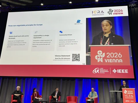 Francesco Ferro, President of euRobotics, presenting the three core principles of the Vienna Statement at ICRA 2026.