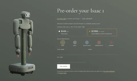 Weave Robotics' Isaac 1 humanoid robot carefully folding a bright orange towel on a sofa.